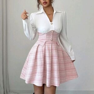 Women's Vintage Patchwork Plaid Waist Flare Mini Long Sleeve Dress